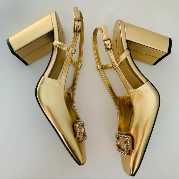 ZARA Embellished Block Heel Slingback Shoes Gold - Picture 8 of 15